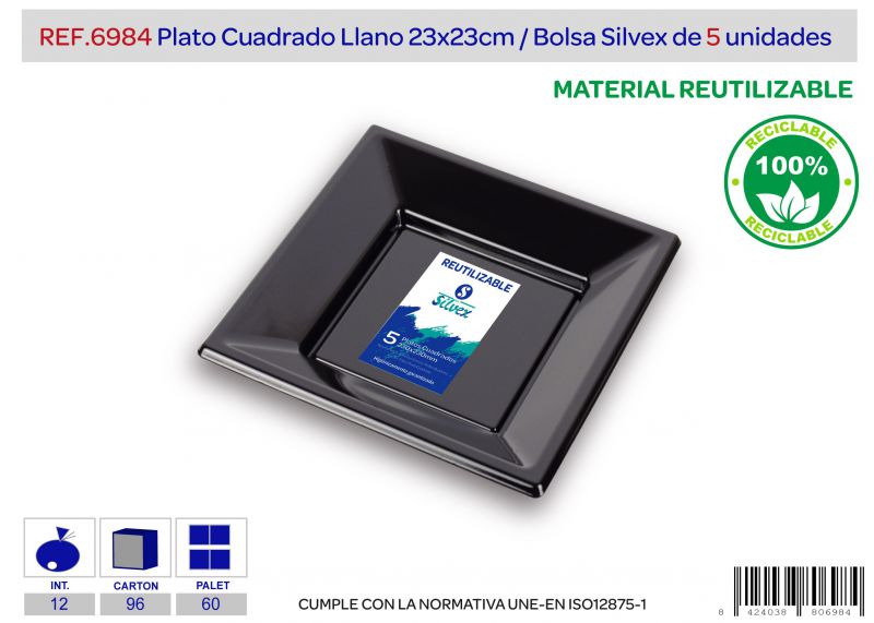 Plato cuadrado reutilizable 230x230mm negro l.5