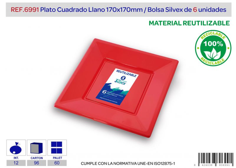 plato cuadrado reutilizable 170x170mm rojo l.6