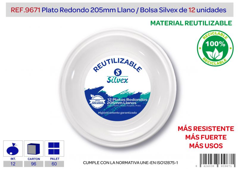 plato reutilizable 205mm llano lote de 12 alta calidad