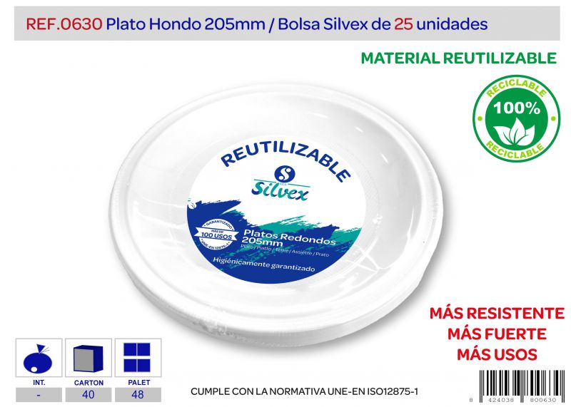 Plato reutilizable 205 mm hondo lote de 25 alta calidad
