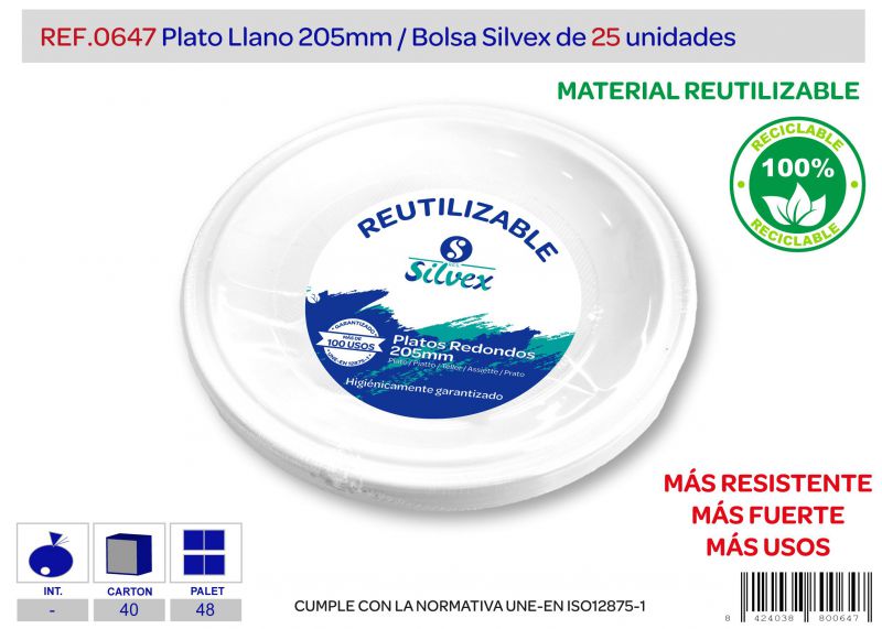 Plato reutilizable 205mm llano lote de 25 alta calidad