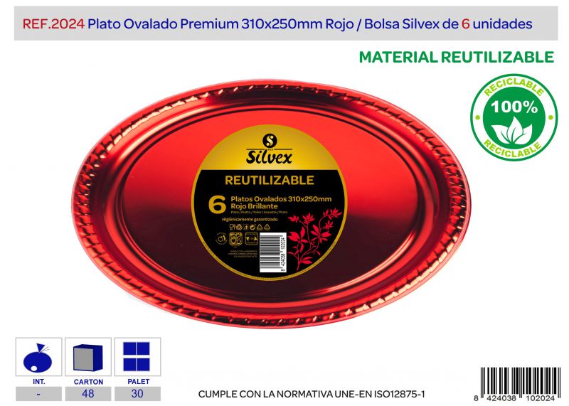 plato premium reutilizable ovalado rojo brillo l.6