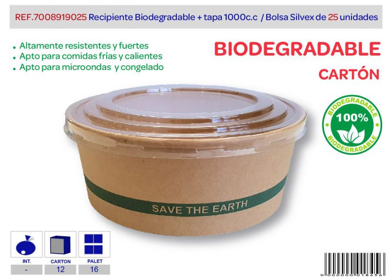 recipiente biodegradable + tapa 1000 cc lote de 25 carton