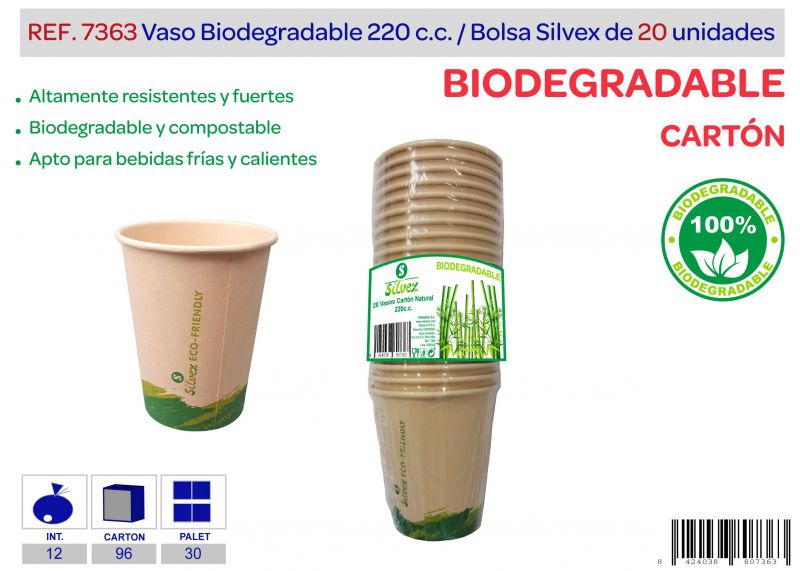 vaso biodegradable 220 cc lote de 20 carton natural