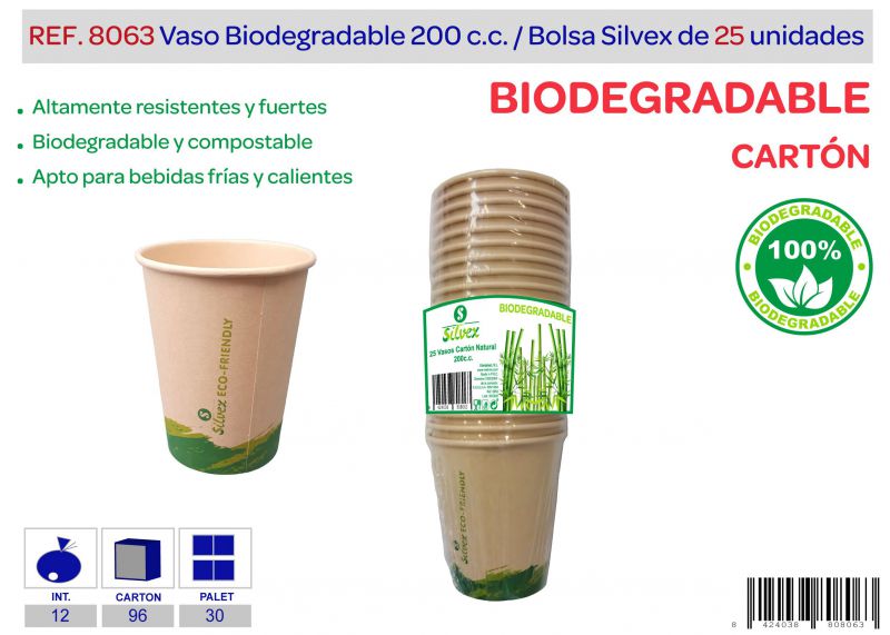 vaso biodegradable 200 cc lote de 25 carton natural