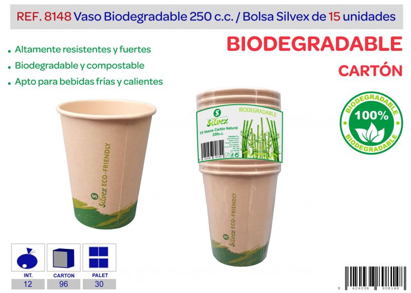 Vaso biodegradable 250 cc lote de 15 carton natural