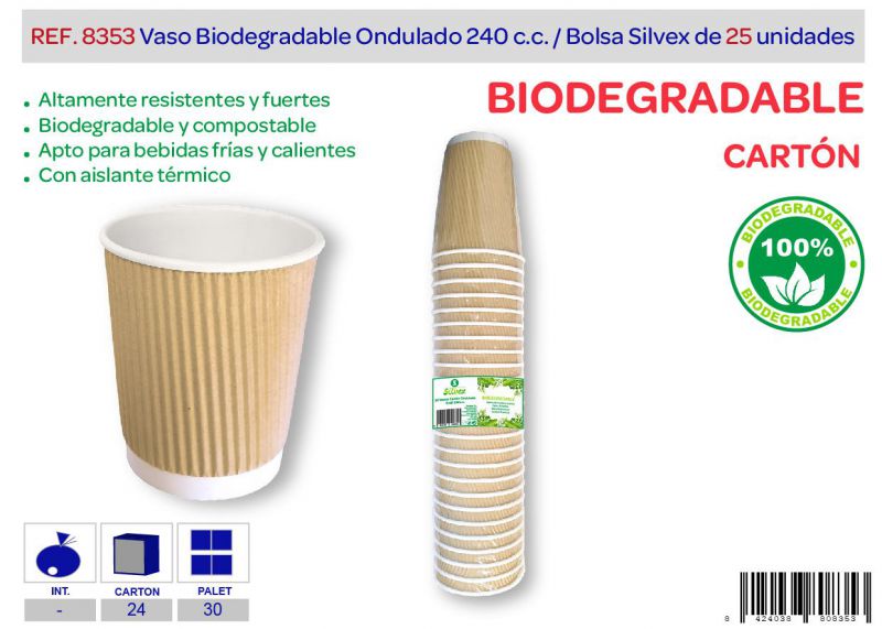 vaso biodegradable ondulado 240 cc lote de 25 kraft