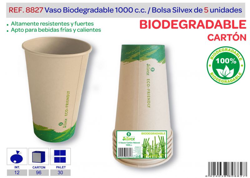 vaso biodegradable 1000 cc lote de 5 carton natural