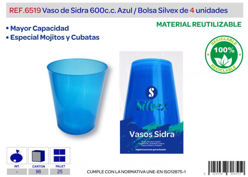 vaso sidra 600cc reutilizable lote de 4 azul