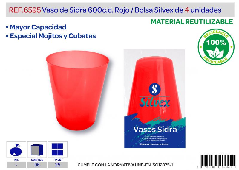 vaso sidra 600cc reutilizable lote de 4 rojo