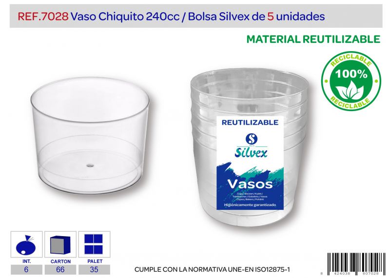 vaso chiquito reutilizable 240 cc lote de 5
