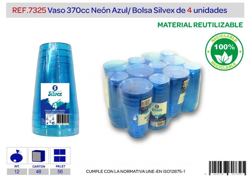 vaso 370 cc reutilizable neón azul lote de 4