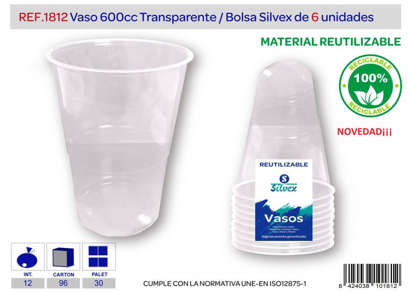 vaso 600 cc reutilizable tr  lote de 6