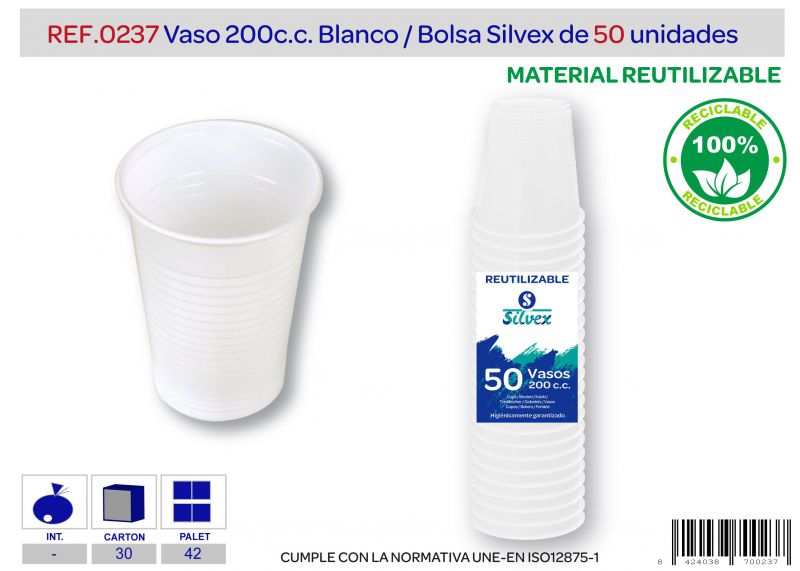 vaso 200 c.c. reutilizable bl lote de  50
