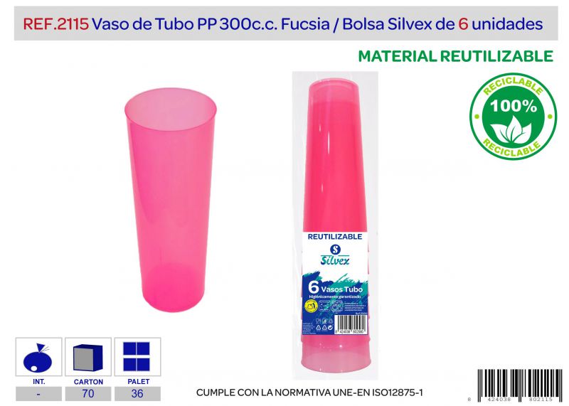 vaso tubo reutilizable pp fucsia lote de 6