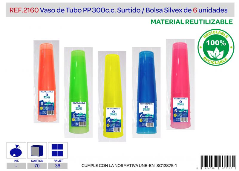vaso tubo reutilizable pp colores surtidos lote de 6