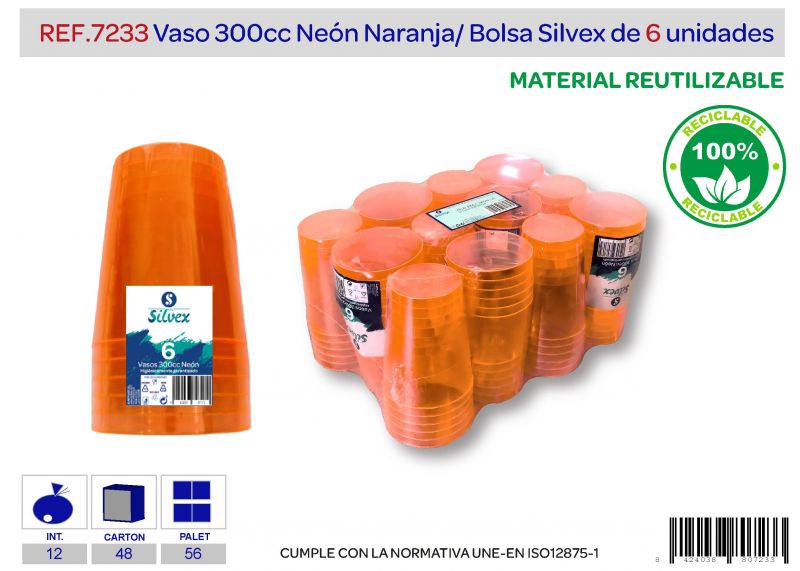 vaso 300 cc reutilizable neón naranja lote de 6