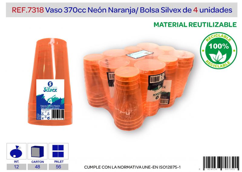vaso 370 cc reutilizable neón naranja lote de 4