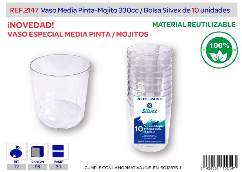 vaso reutilizable media pinta/mojito 330 cc lote de 10