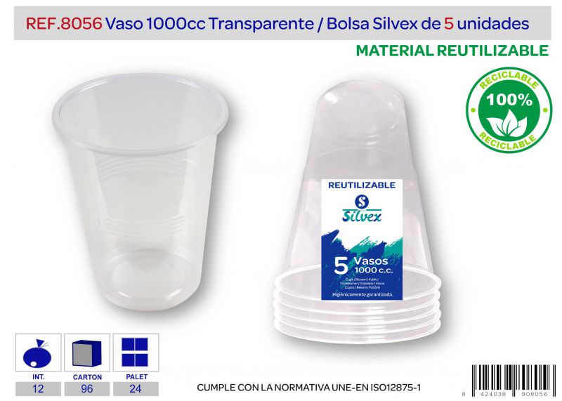 vaso 1000 cc reutilizable tr lote de 5