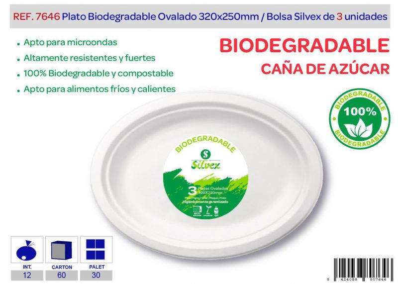Plato biodegradable ovalado 320mm lote de 3 caña de azúcar