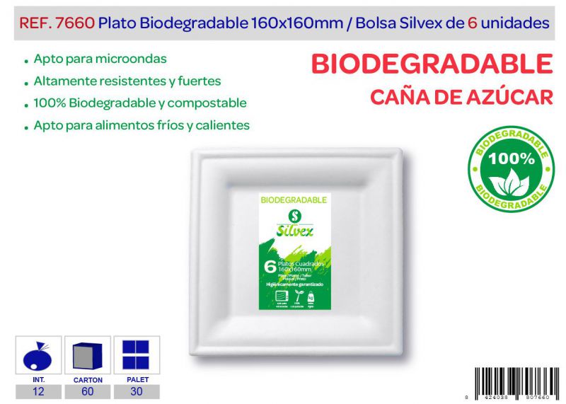 Plato biodegradable cuadrado 160x160 mm lote de 6 caña de azúcar