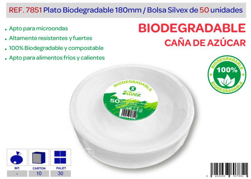 Plato biodegradable 180mm lote de 50 caña de azúcar
