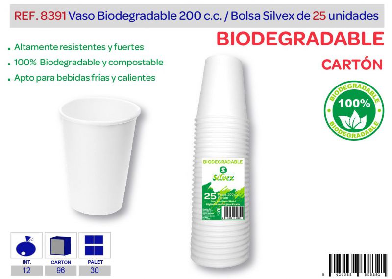 Vaso biodegradable 200 cc lote de 25 cartón