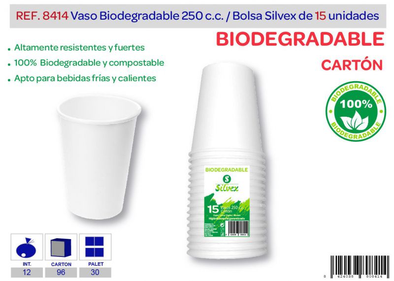 Vaso biodegradable 250 cc lote de 15 cartón
