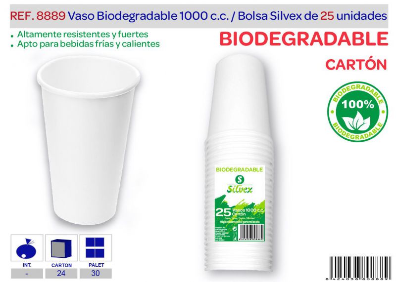 Vaso biodegradable 1000 cc lote de 25 cartón