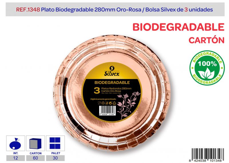 Plato biodegradable 280mm lote de 3 oro rosa brillante