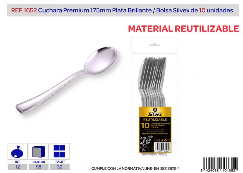 Cuchara premium reutilizable plata brillante l.10