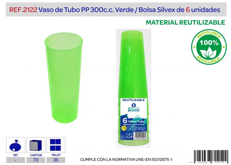 Vaso tubo reutilizable pp verde lote de 6