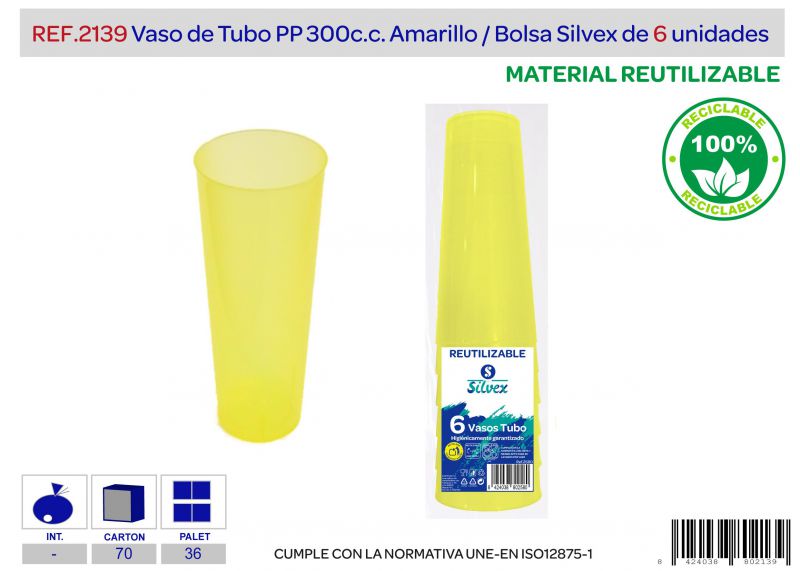 Vaso tubo reutilizable pp amarillo lote de 6