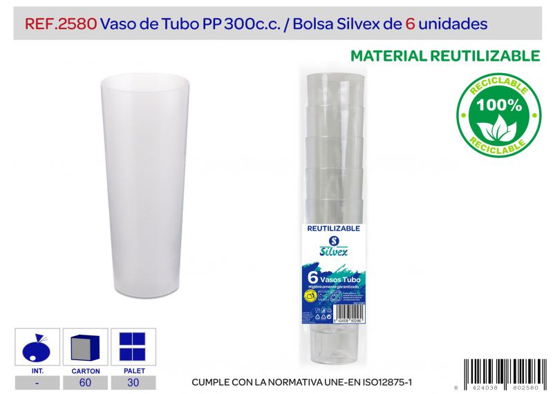 Vaso tubo reutilizable pp lote de 6