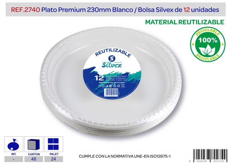 Plato premium reutilizable 230mm blanco l.12