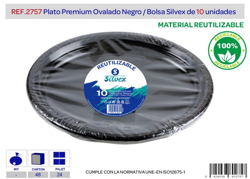 Plato premium reutilizable ovalado negro l,10