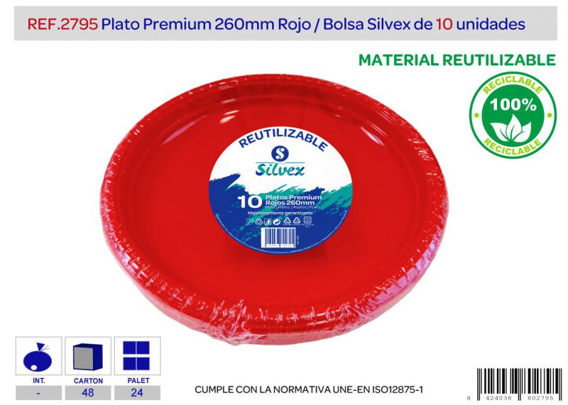 Plato premium reutilizable 260mm rojo l,10