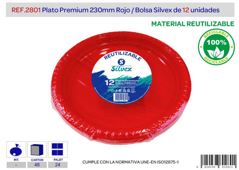 Plato premium reutilizable 230mm rojo l,12