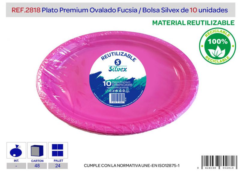 Plato premium reutilizable ovalado fucsia l.10