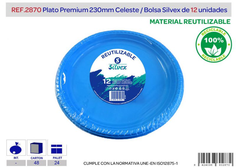 Plato premium reutilizable 230mm celeste  l.12