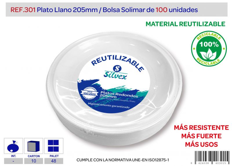 Plato reutilizable 205mm llano lote de 100 alta calidad