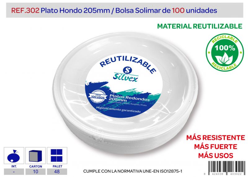 Plato reutilizable 205 mm hondo lote de 100 alta calidad
