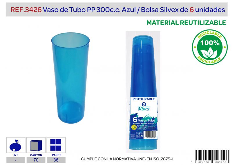 Vaso tubo reutilizable pp azul lote de 6