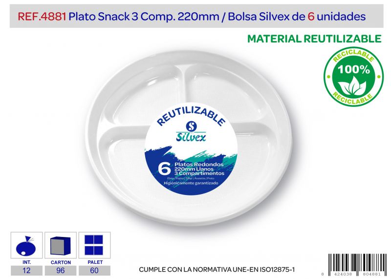 Plato reutilizable snack 3 comp. 220mm  lote de  6