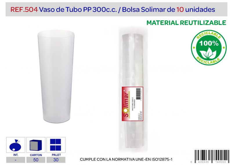 Vaso tubo reutilizable pp 300cc lote de 10