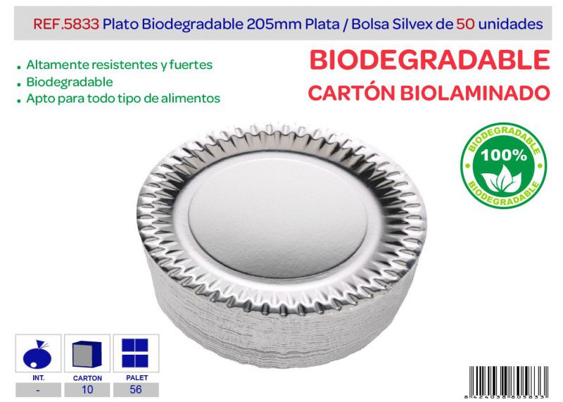 Plato biodegradable 205 mm lote de 50 plata biolaminado
