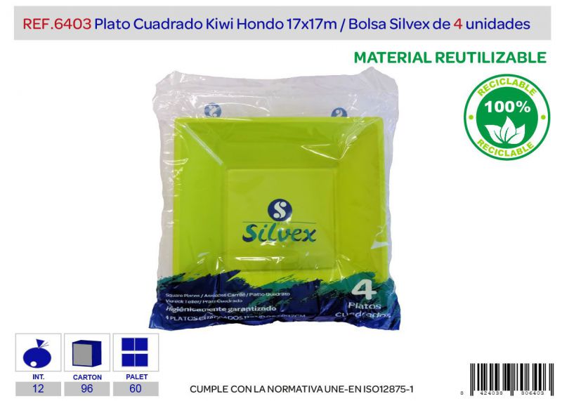 Plato cuadrado reutilizable 170x170mm hondo kiwi l.4