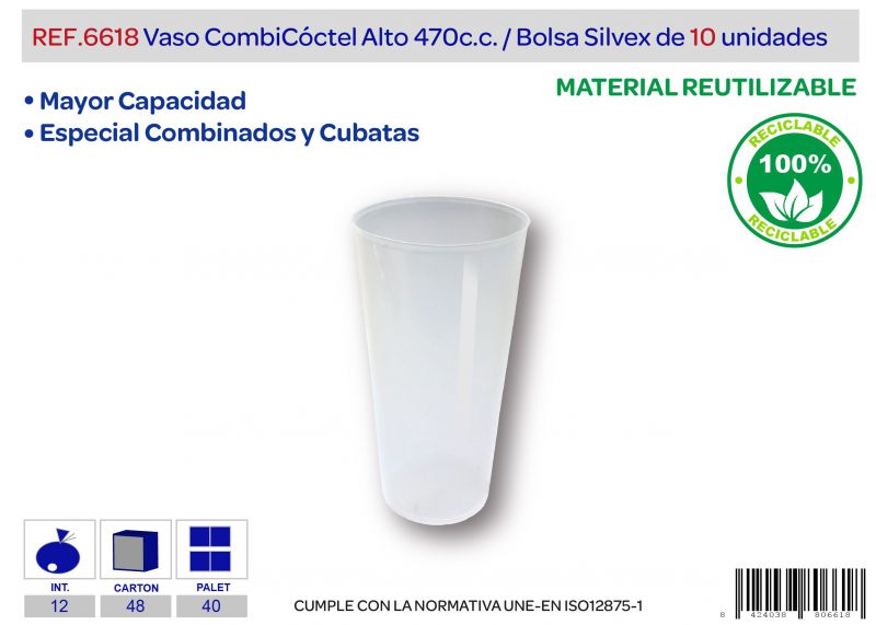 Vaso reutilizable combicocktel alto 470 cc lote de 10