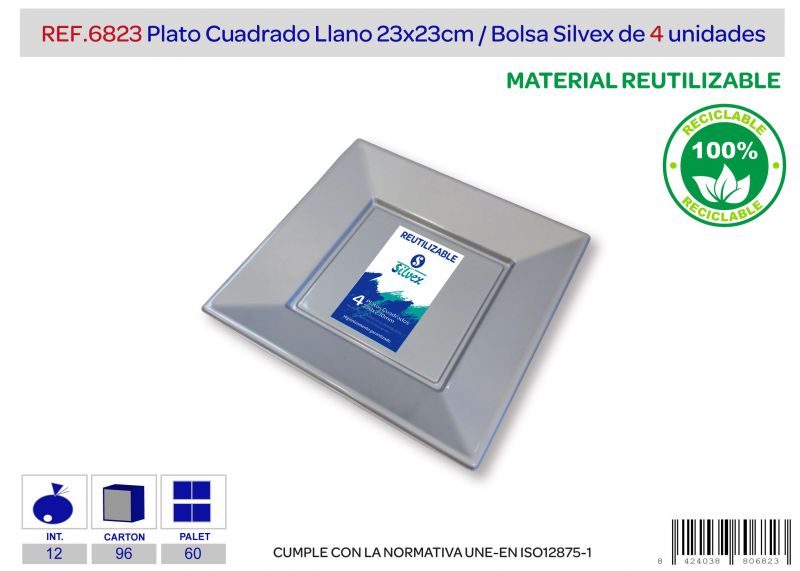 Plato cuadrado reutilizable 230x230 plata l.4